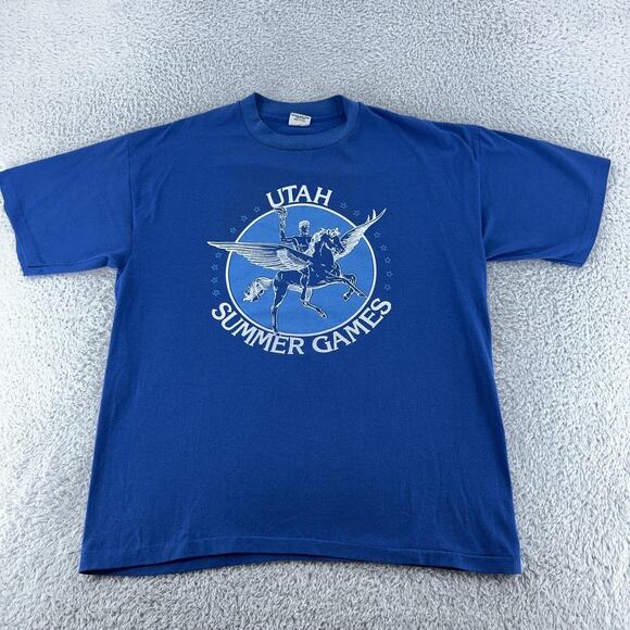 Vintage Utah Summer Games Shirt Mens M Blue Pegasus Torch Track Sports 80s - Picture 2 of 8